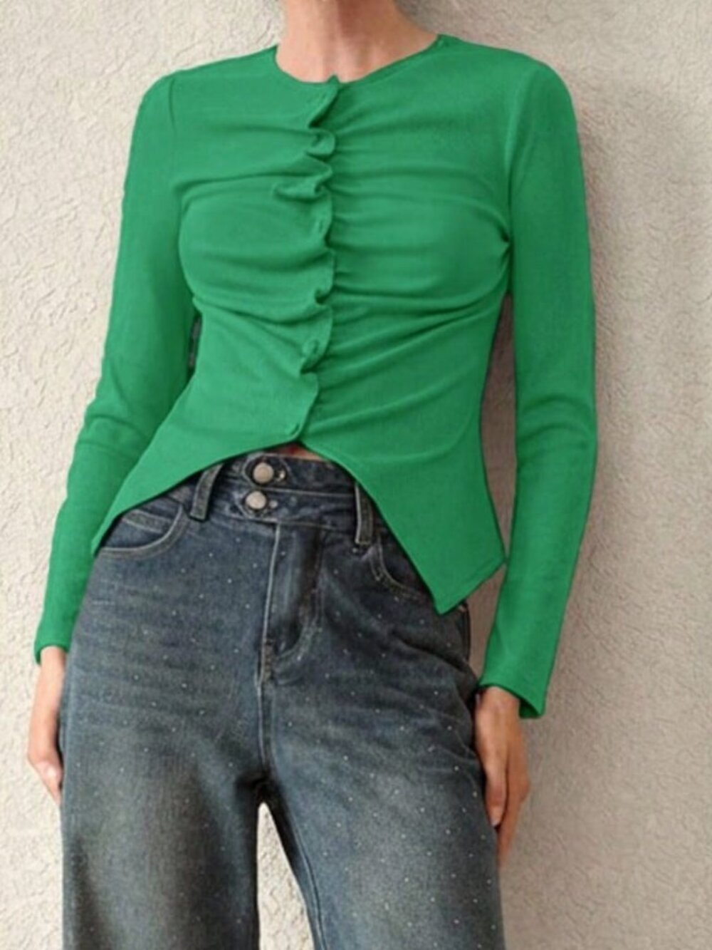 Green Casual Women's Ruched Knit Long Sleeve T-Shirt Top - Picture 6 of 6